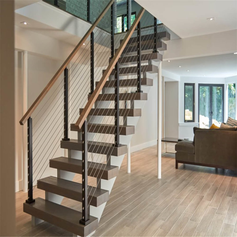 Double Stringer Staircase With Cable Railing - Yurihomes